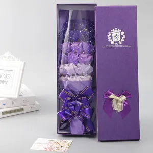 Detailed view of the elegant purple soap rose flower bouquet in a gift box with a ribbon.