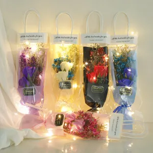 Valentine Day Soap Rose Baby Breath Artificial Flower Bouquet With LED Light Gift Bag Romantic Home Decor Present