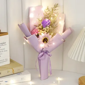 Artificial soap rose flower bouquet with fairy lights purple romantic gift for her