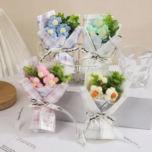 Handmade Knitted Yarn Small Flower Bouquet Crochet Puff Flowers Plaid Wrap Gift For Valentine Home Decor