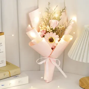 Valentine soap rose sunflower bouquet with LED fairy lights, romantic gift for girlfriend.