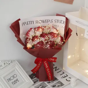 Artificial soap rose flower bouquet with LED fairy lights for Valentine's Day gift girlfriend