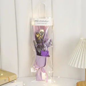 Valentine gift rabbit doll dried flower bouquet with light in transparent bag for girl