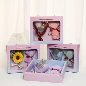 Valentine's day gift box set with soap flower bouquet and cute towel bear for loved ones.