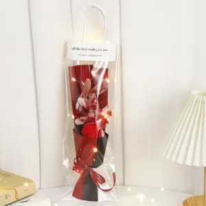 Valentine rabbit plush dry flower bouquet gift transparent bag LED string light romantic