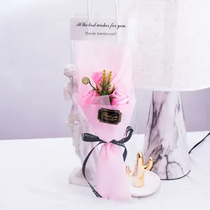 Valentine rose soap flower bouquet in clear gift bag for romantic holiday gifts and party favors.