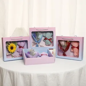 Detail view of romantic towel bear soap flower gift box set, perfect for Valentine's Day.