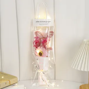 Valentine Gift LED Rabbit Doll Gypsophila Dried Flower Bouquet Transparent Bag Present