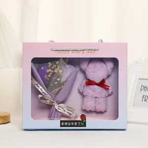 Gift box set with soap flower bouquet and cute towel bear, perfect for teachers and lovers.