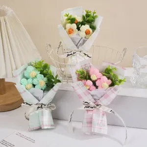 Handmade crochet mini flower bouquet, knitted puff flowers with cute plaid gift wrapping.