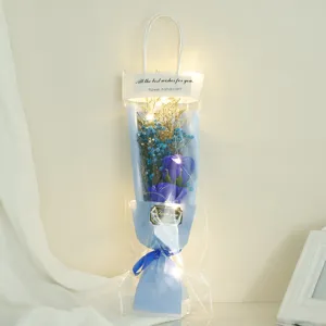 Blue rose soap flower bouquet gift bag with LED lights romantic gift for Valentine birthday