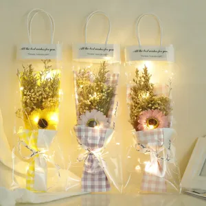 Bagged dried flower and soap bouquet gift set with warm LED fairy lights for party celebration.