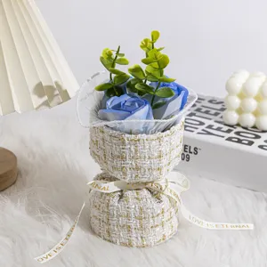 Mini tweed soap rose bouquet gift for valentine day, romantic artificial flower home decor.