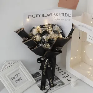 Black and white soap rose bouquet with gypsophila, elegant gift for Valentine's Day and birthdays.