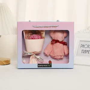Detail view of the gift box featuring soap flower bouquet and cute towel bear, ideal for holiday.