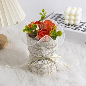 Mini tweed soap rose bouquet gift for valentine birthday, elegant artificial flower decor.