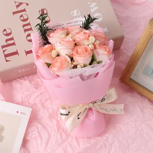 Mini soap rose flower bouquet pink wrapping ribbon romantic gift home decor detail shot