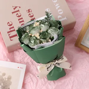 Mini green rose flower bouquet with dried baby breath for romantic Valentine gift home decor.