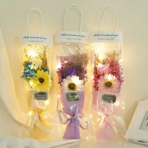 Borsa Regalo Portatile Bouquet di Fiori Secchi Gipsofila Girasole Con Luce LED Regalo di San Valentino Compleanno Decorazione Casa