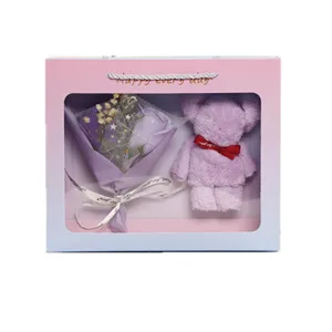 Purple soap flower bouquet and towel bear gift box for romantic Valentine's day present.