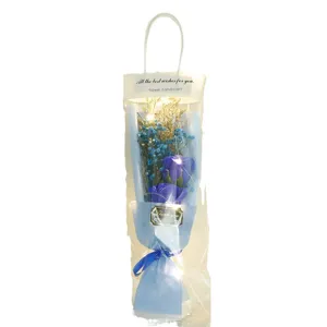 Gift tote bag soap rose bouquet with dried baby breath and LED lights for romantic occasion