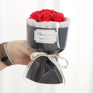 Mini soap rose bouquet gift for valentine day, 7 heads red floral arrangement with elegant wrap.