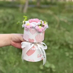 Handcrafted crochet flower bouquet in a heart gift box, perfect romantic gift for Valentine's Day.