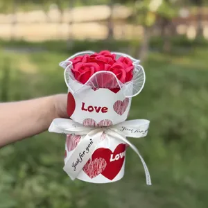 Handmade soap rose flower gift box in cylindrical design with romantic love heart prints.