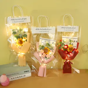 Handmade Knitted Crochet Rose Sunflower Flower Bouquet With LED Light String Gift Bag For Valentine Day Home Party Decor