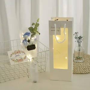 Blue rose bouquet with gift bag and LED string lights romantic gift for lover and friends