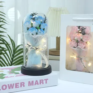 Preserved rose soap flower bouquet in glass dome with LED lights, romantic gift for Valentine's Day.