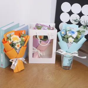 Handmade knitted crochet flower bouquet gift box artificial rose home decor craft present