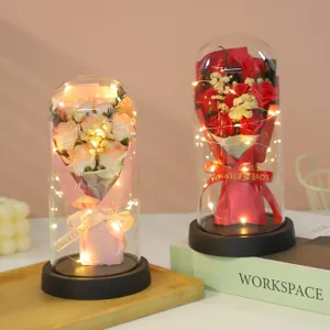 Glass Dome Eternal Rose Soap Flower Preserved Flower Gift With LED Light Base Romantic Home Decor Valentine Day Gift