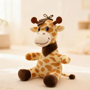 Plush giraffe toy detail shot, cute stuffed animal with brown scarf, soft texture design.