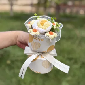 Handmade crochet flower bouquet with gift wrapping ribbon, perfect romantic gift for Valentine's Day.