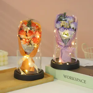 Glass dome eternal rose soap flower bouquet with led lights romantic gift for valentine day