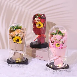 Valentine's Day Glass Cover Preserved Flower Rose Soap Flower Bouquet With LED Light Romantic Home Decor Gift