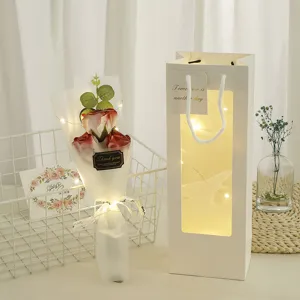 Valentine's day artificial rose flower bouquet gift set with led lights and paper bag for romantic events