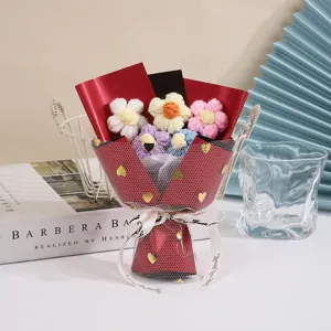 Mini knitted crochet flower bouquet cute handmade yarn floral gift for Valentine Day home decor