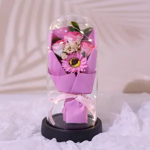 Glass dome rose bouquet with LED lights, romantic eternal flower gift for Valentine's Day.