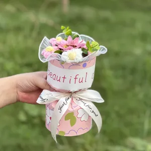 Handmade knitted crochet flower bouquet in pink gift box, perfect romantic gift for her.