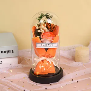 Orange Rose Glass Dome Soap Flower Gift Valentine's Day Romantic Room Decor Present