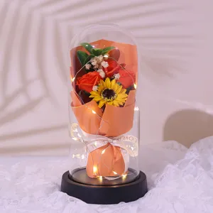 Glass dome rose soap flower bouquet night light gift for Valentine's birthday