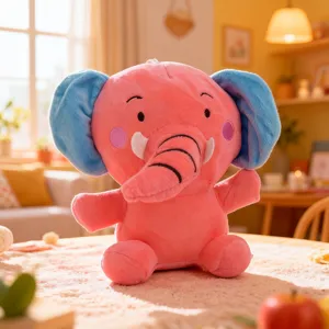 Close-up view of the cute pink and blue elephant plush toy, highlighting soft fabric.