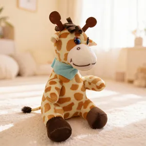 Detailed shot of a cute plush giraffe toy with a blue scarf, sitting softly on carpet.