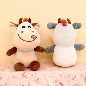 Details of cute cartoon cow plush toy doll, soft stuffed animal for claw machine prizes.
