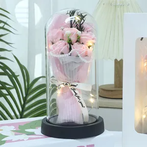 LED soap rose flower bouquet in glass dome gift for Valentine's Day birthday home decor