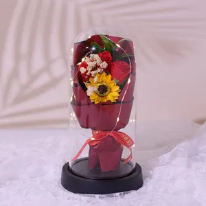 Glass dome artificial rose sunflower bouquet with LED fairy lights for home decor gift