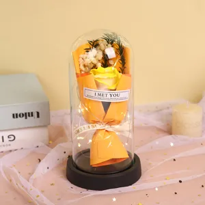 Glass dome eternal rose bouquet detail, romantic LED light string gift for lovers and friends.