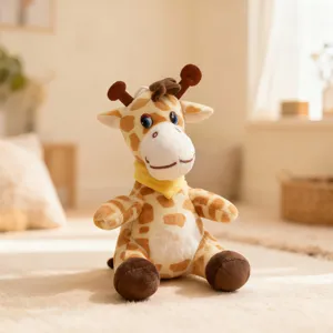 Detailed view of a cute plush giraffe toy sitting on a soft rug with a yellow scarf.